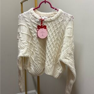 Pink Rose Cable Knit Sweater - Cream
